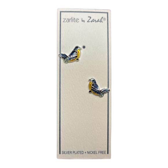 Zarah Little Bluebird Stud Earrings Silver Plated Cloisonne Enamel Bird - Picture 3 of 3